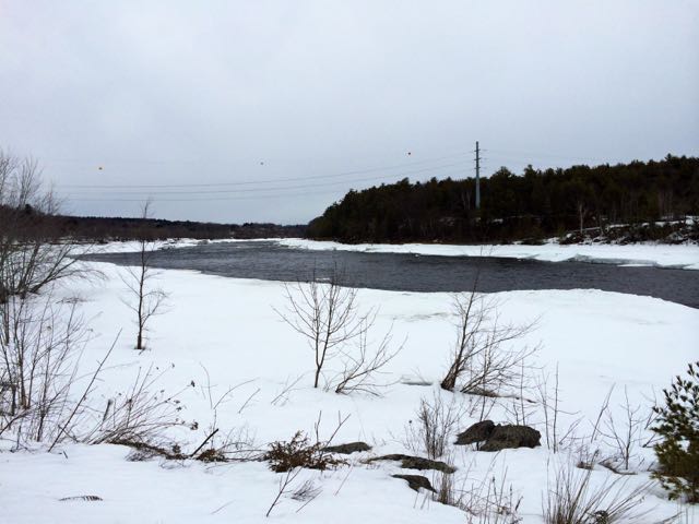 snow and open water on the Penobscot River at site of former dam