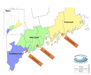 Map of the coast of Maine in three segments showing study sites in Gouldsboro, Bremen, and Harpswell