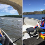 side by side photos of a masked person in a boat using binoculars to look for animals in the estuary