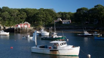 Fishing and lobster boats anchored near Bristol, Maine.