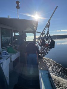 two people in a working boat on the water with the sun shining