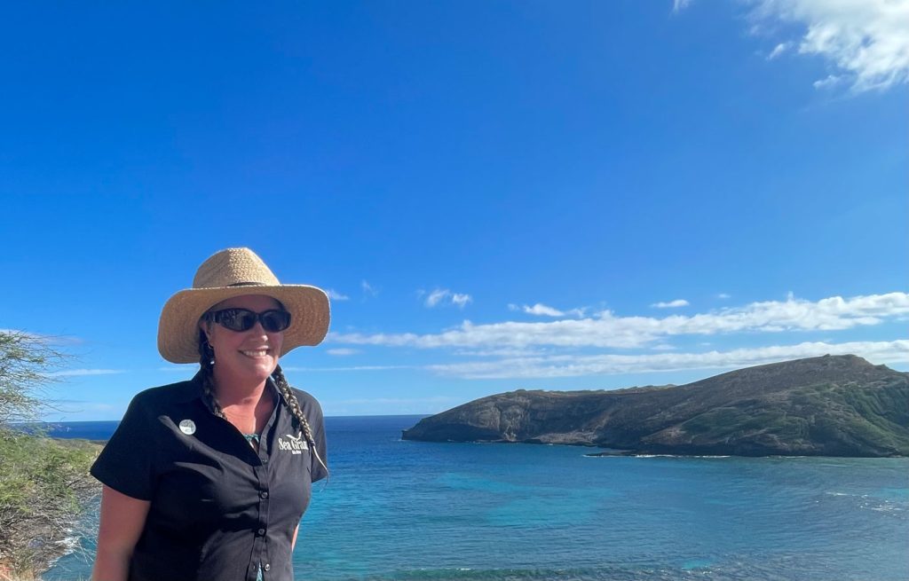 Maine Sea Grant's Keri Kaczor poses with Hanauma Bay behind her