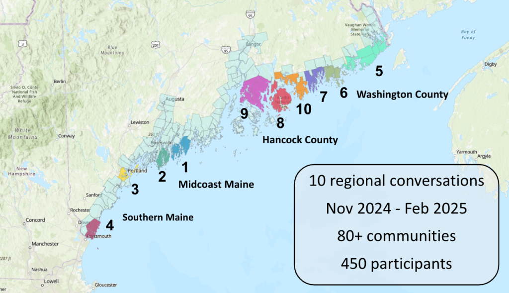 A map of the Gulf of Maine showing the ten regions where conversations took place. The communities span the entire coast of Maine.
