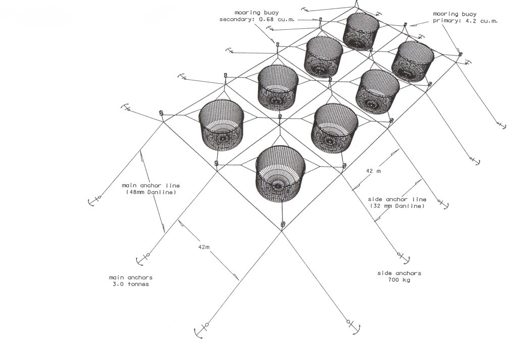 A representation of eight cylindrical pens anchored to the bottom of the ocean with a grid of cables and anchors